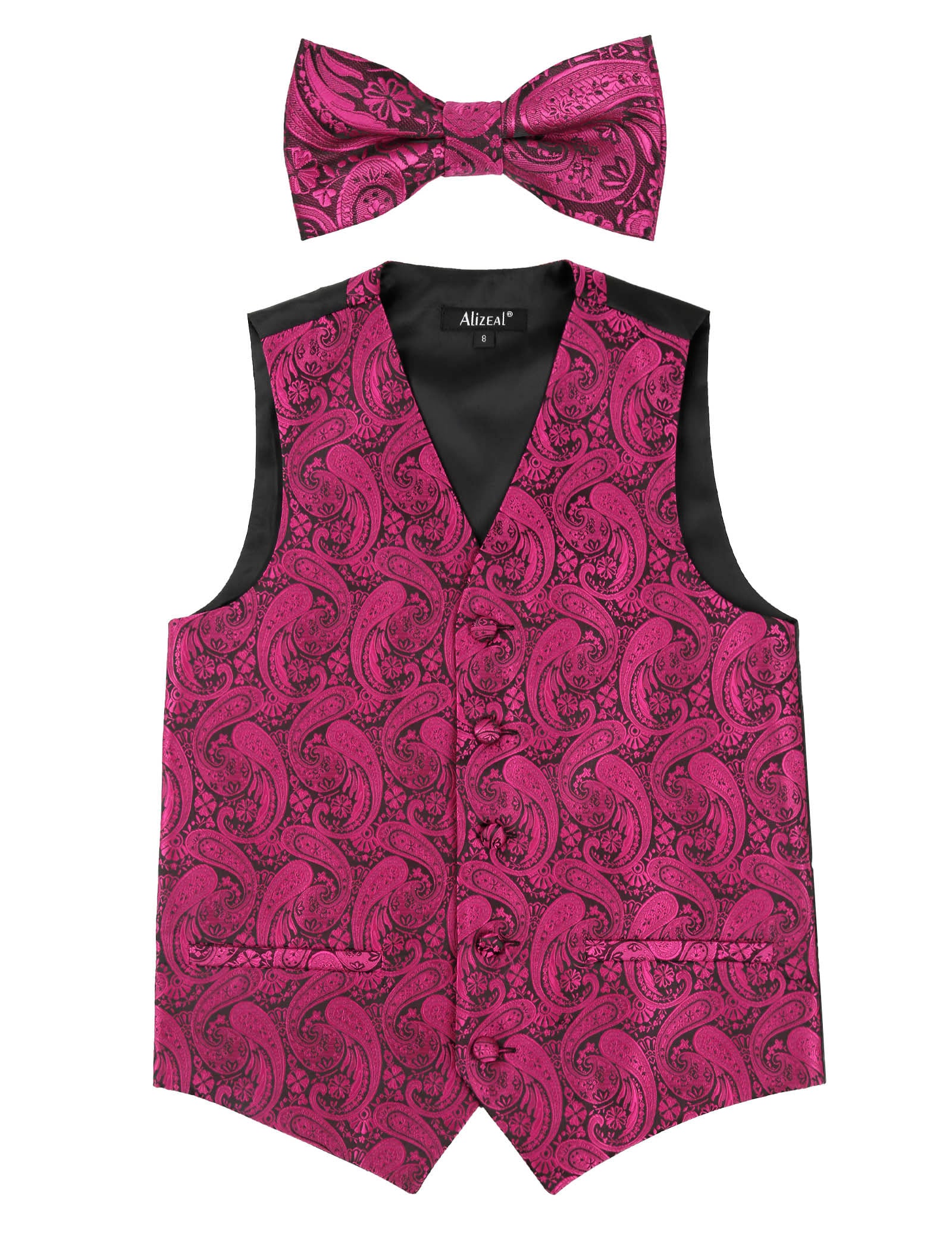 Boy's Paisley Jacquard Pre-Tied Bow Tie with Classic Floral Dress Suit Vest Set, 077-Black+Hot Pink