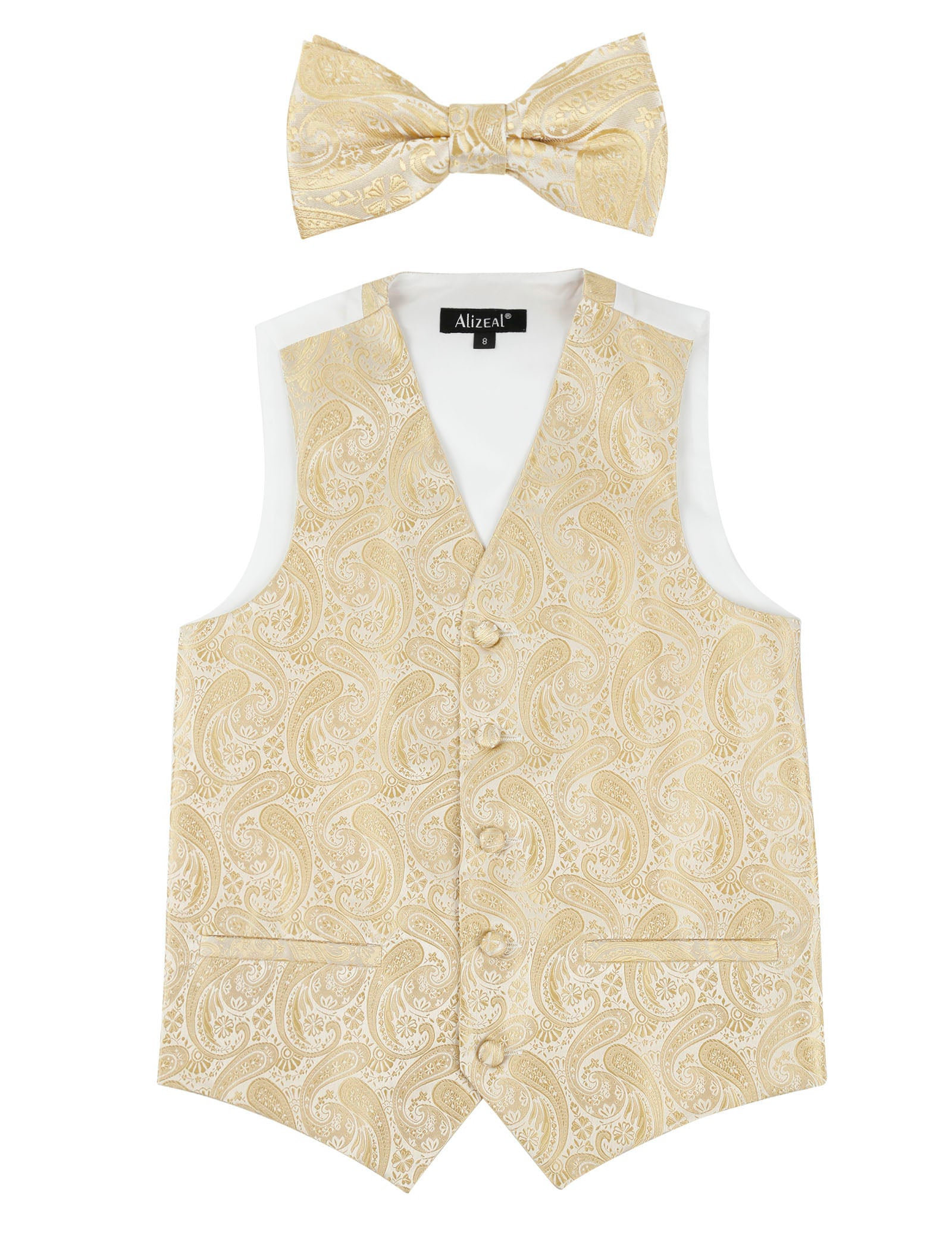 Boy's Paisley Jacquard Pre-Tied Bow Tie with Classic Floral Dress Suit Vest Set, 077-Champagne