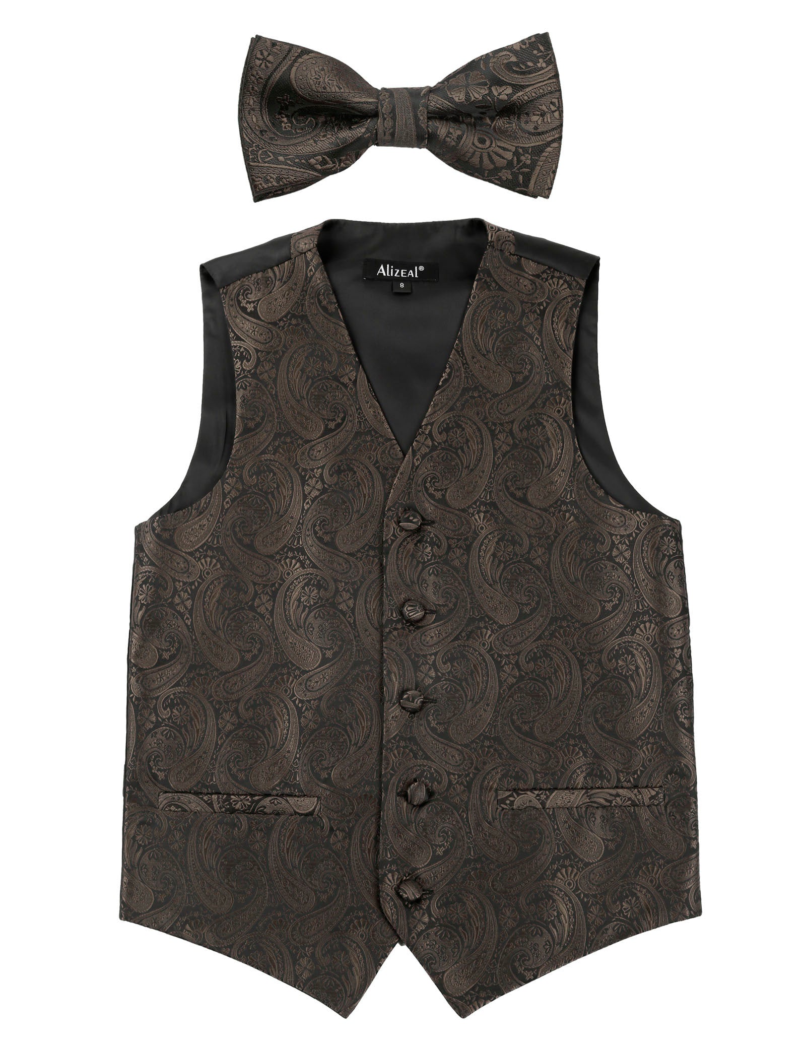 Boy's Paisley Jacquard Pre-Tied Bow Tie with Classic Floral Dress Suit Vest  Set, 077-Coffee