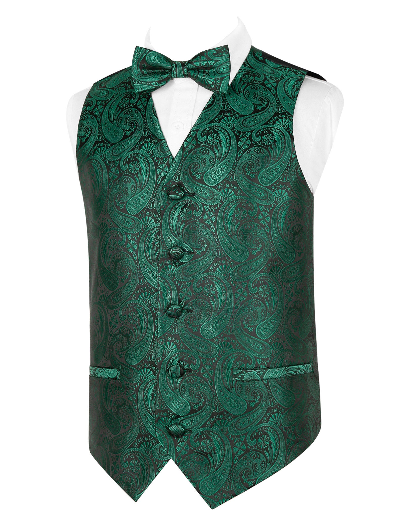 Boy's Paisley Jacquard Pre-Tied Bow Tie with Classic Floral Dress Suit Vest Set, 077-Dark Green