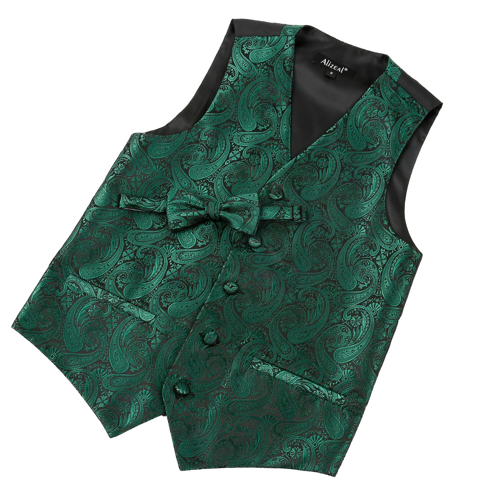 Boy's Paisley Jacquard Pre-Tied Bow Tie with Classic Floral Dress Suit Vest Set, 077-Dark Green