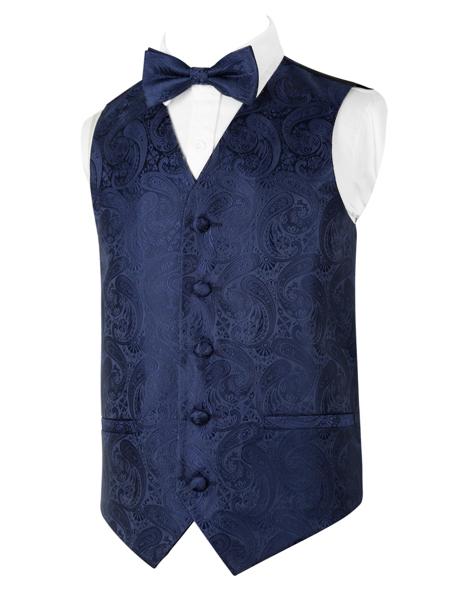 Boy's Paisley Jacquard Pre-Tied Bow Tie with Classic Floral Dress Suit Vest Set, 077-Dark Navy