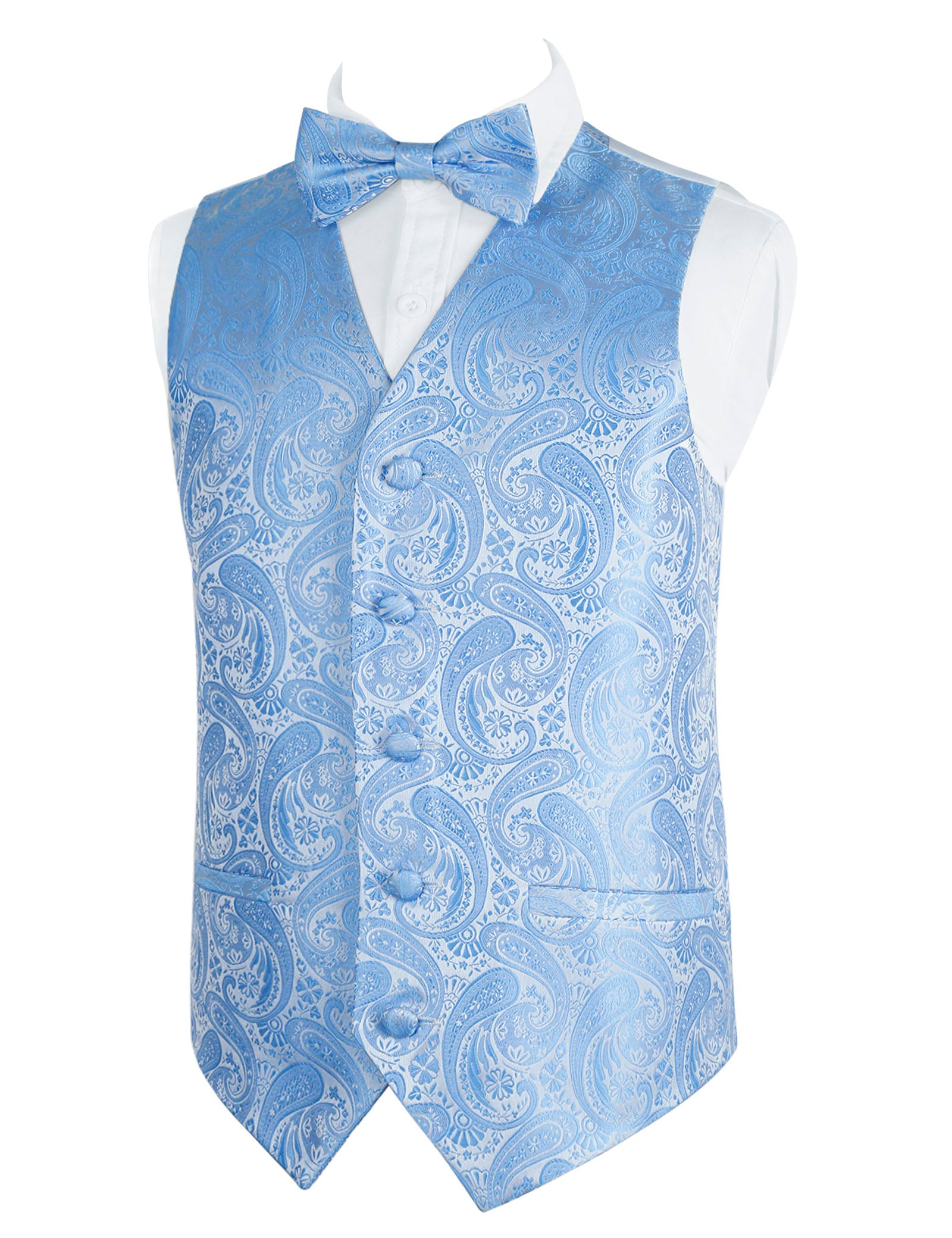 Boy's Paisley Jacquard Pre-Tied Bow Tie with Classic Floral Dress Suit Vest Set, 077-Light Blue