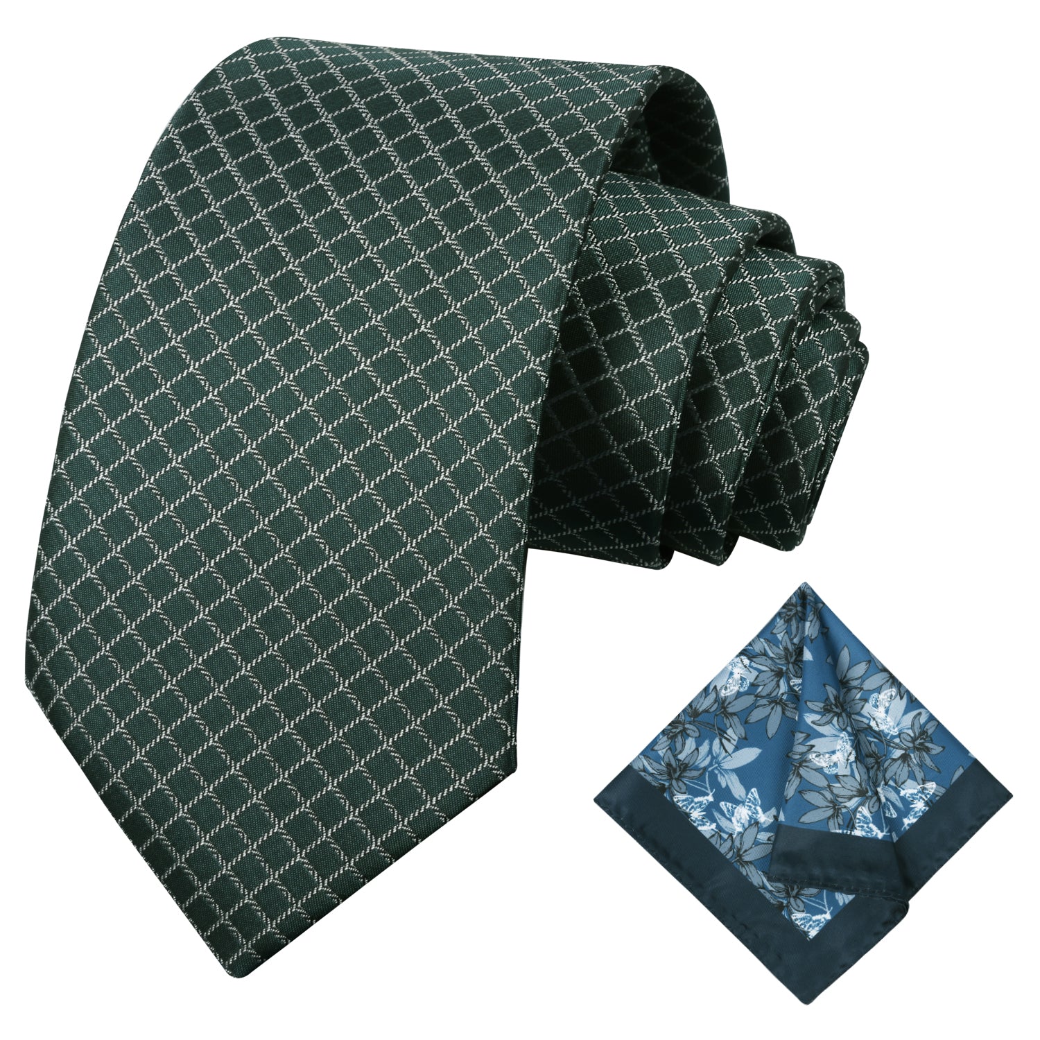 Men's Checkered Tie 3.15inch Necktie and Printed Floral Handkerchief Set, 122