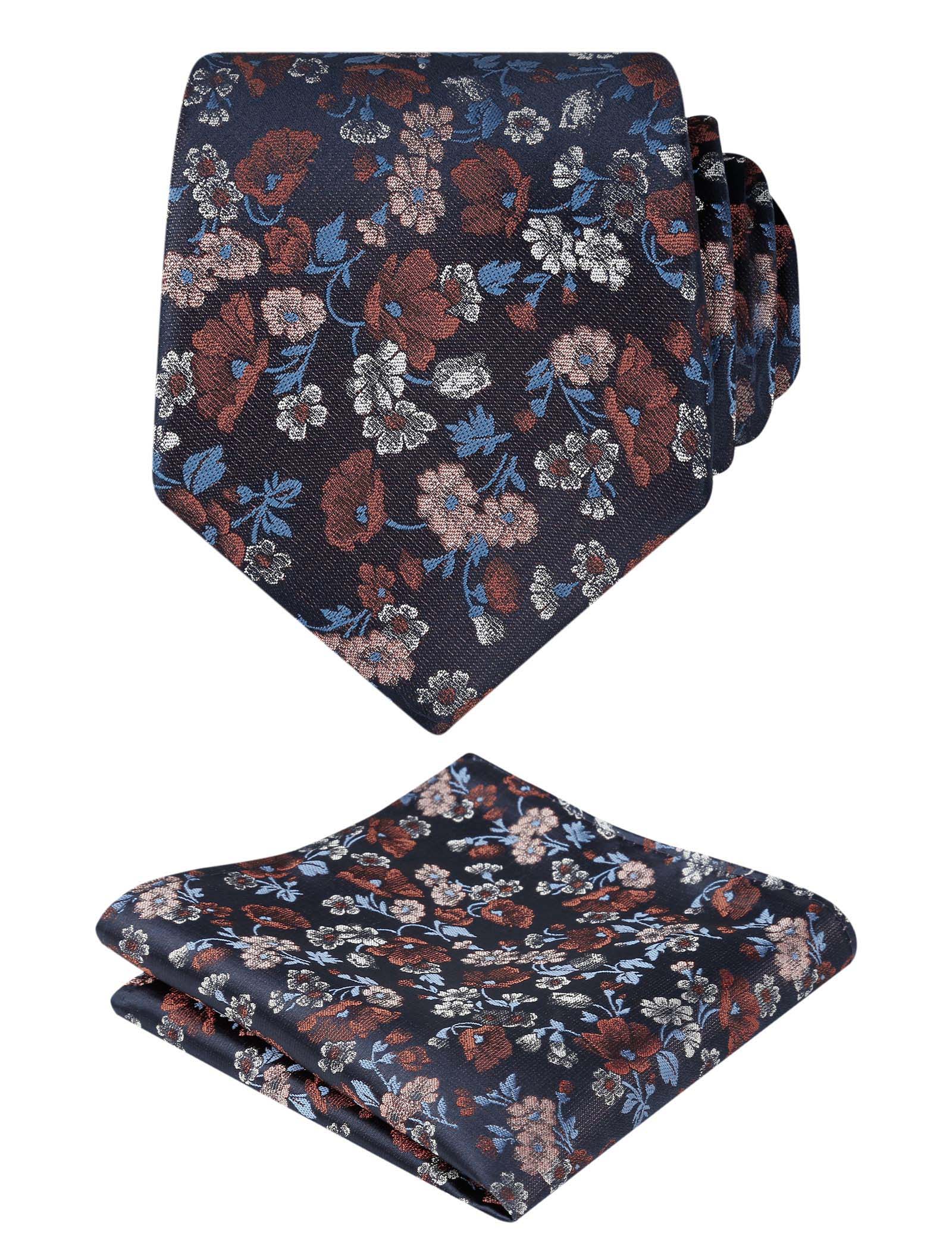 Men's 3.15inches Flower Patterned Tie with Floral Printed Pocket Square Set #109