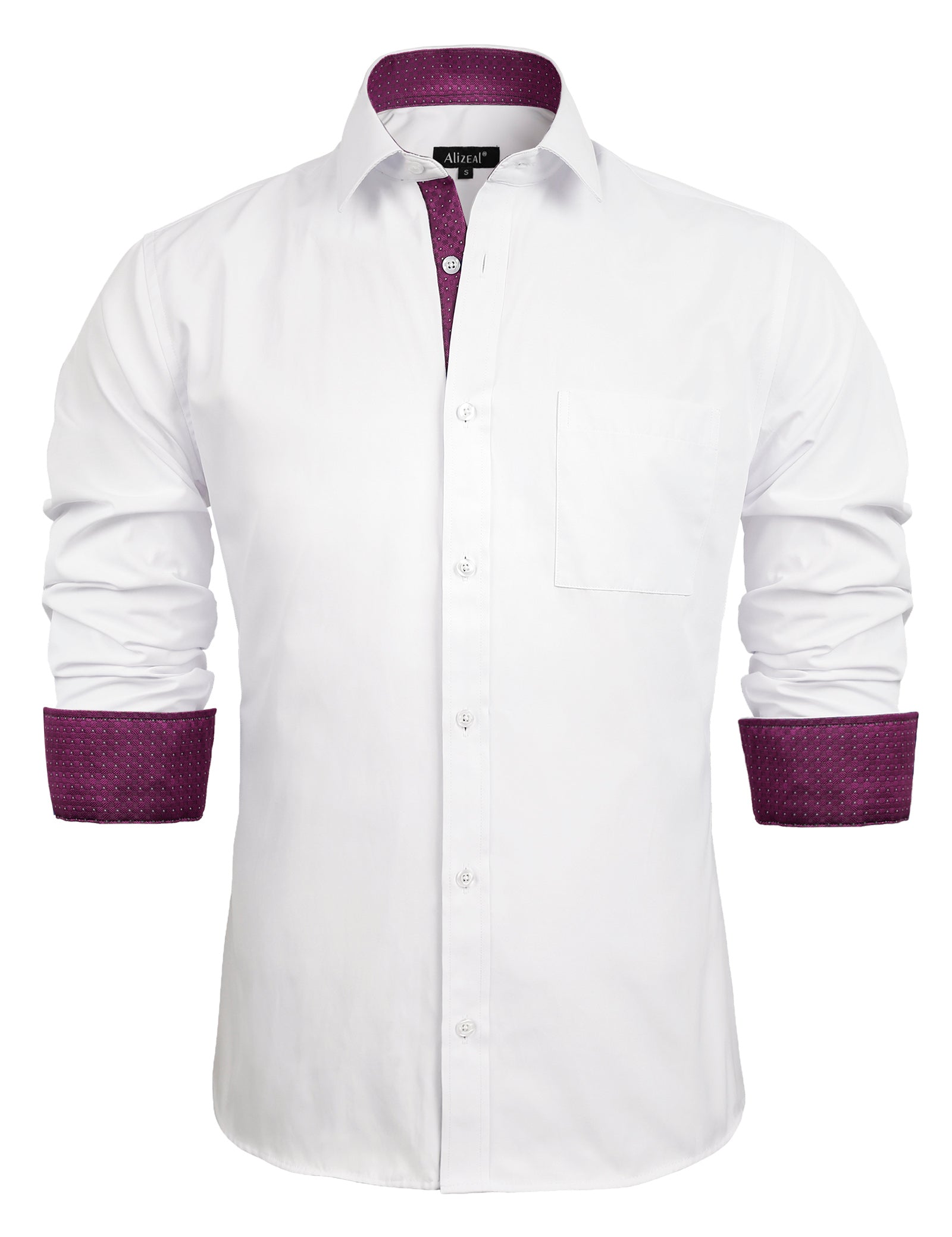 Men's Long Sleeve Dress Shirts Polka Dot Patchwork Button Down Formal Shirts, 116-White+Plum Dots