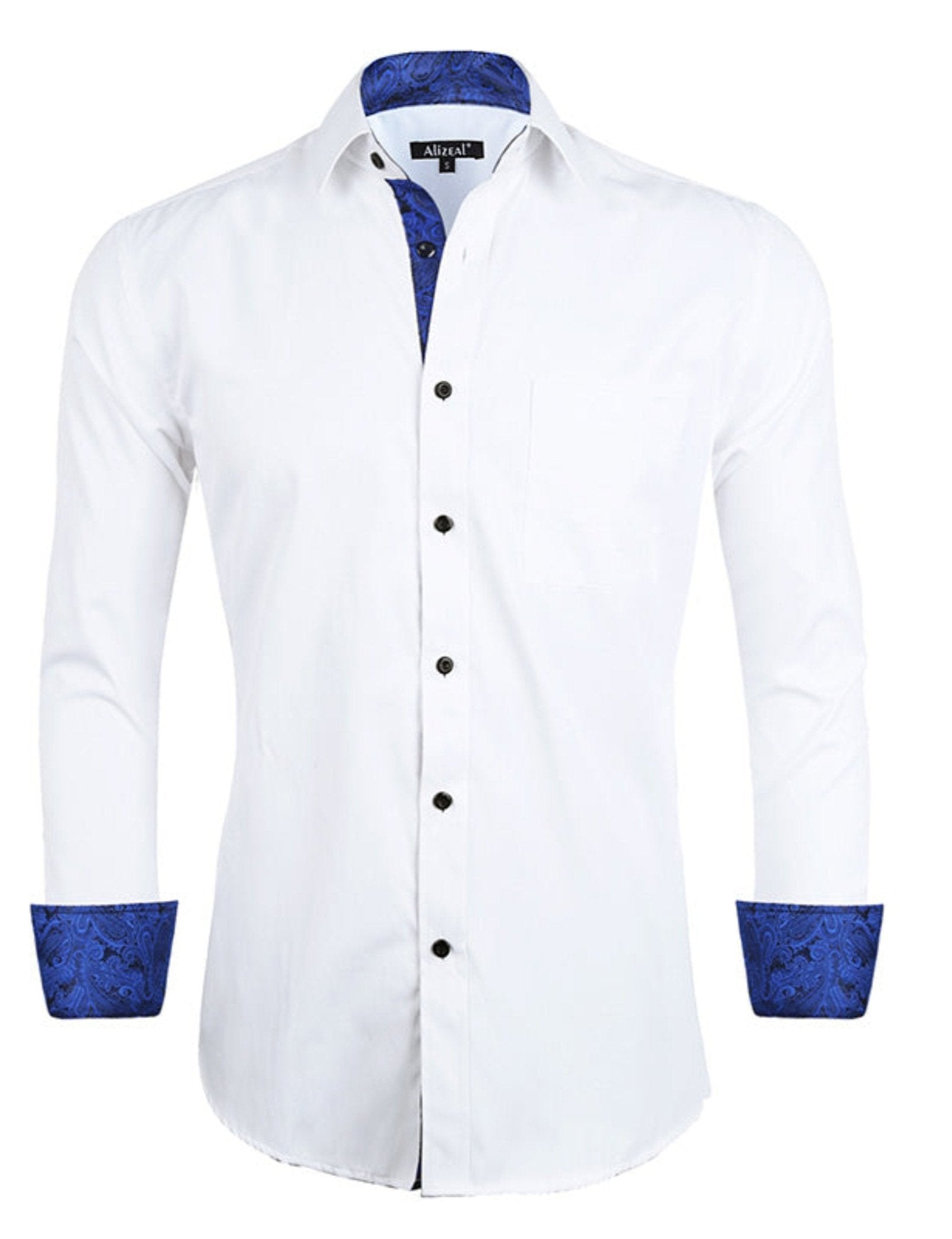 Men's Business Slim Fit Dress Shirt Long Sleeve Patchwork Button-Down Shirt, 004-White+Royal Blue