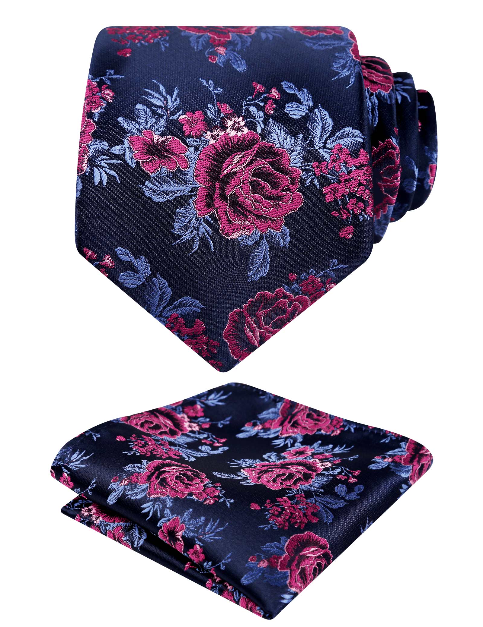 Men's 3.15inches Rose Flower Pattern Tie with Floral Printed Pocket Square Set, 145