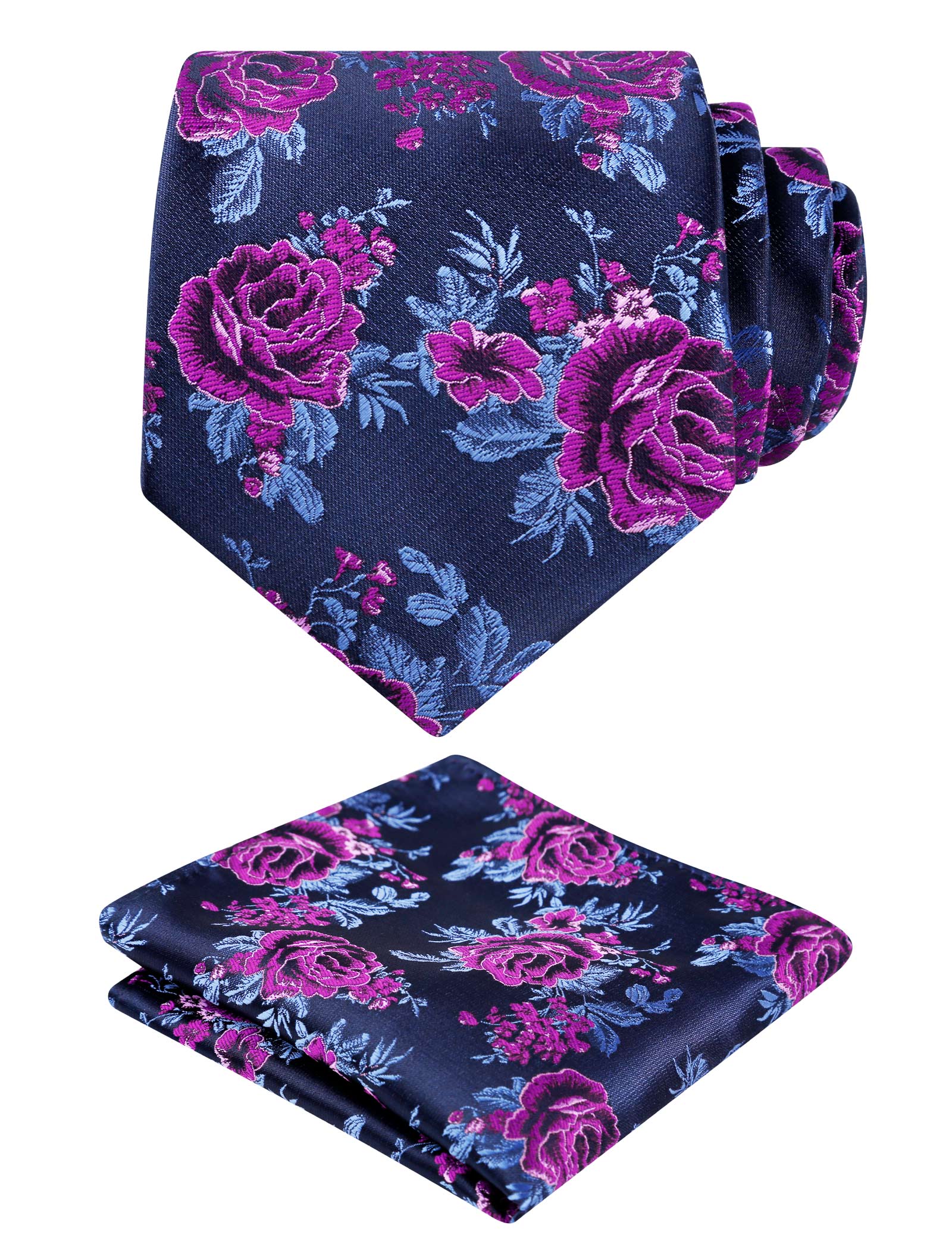 Men's 3.15inches Rose Flower Pattern Tie with Floral Printed Pocket Square Set, 145