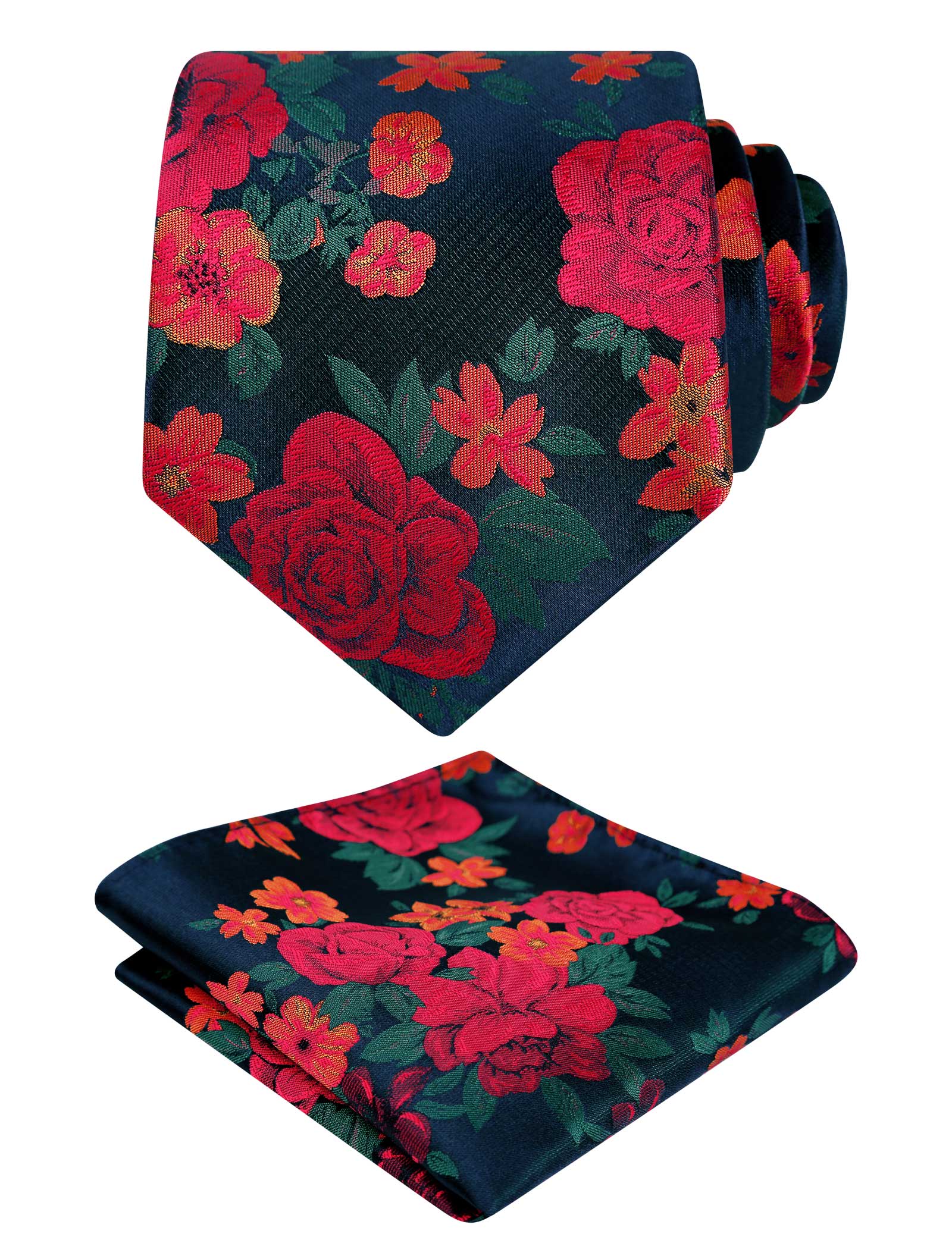 Men's 3.15inches Rose Flower Pattern Tie with Floral Printed Pocket Square Set, 145