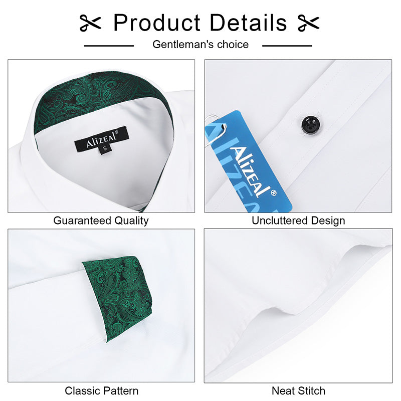 Men's Business Slim Fit Dress Shirt Long Sleeve Patchwork Button-Down Shirt, 004-White+Dark Green