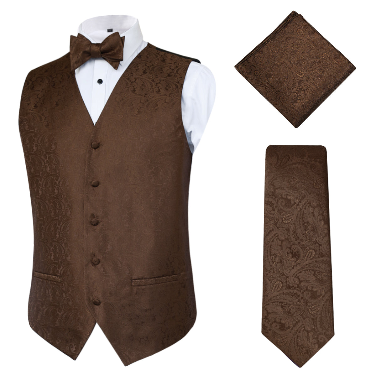 Chocolate Paisley Satin Tuxedo Vest with Bow Tie or Long Tie and Pocket Square offers