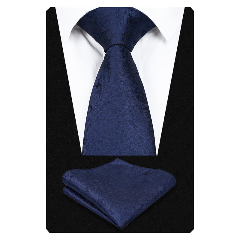 Men's Paisley Suit Vest, Self-tied Bow Tie, 3.35inch(8.5cm) Necktie and Pocket Square Set, 175-Dark Navy