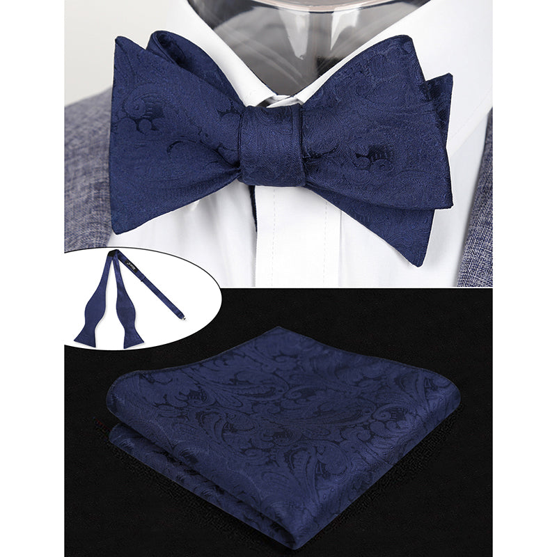 Men's Paisley Suit Vest, Self-tied Bow Tie, 3.35inch(8.5cm) Necktie and Pocket Square Set, 175-Dark Navy