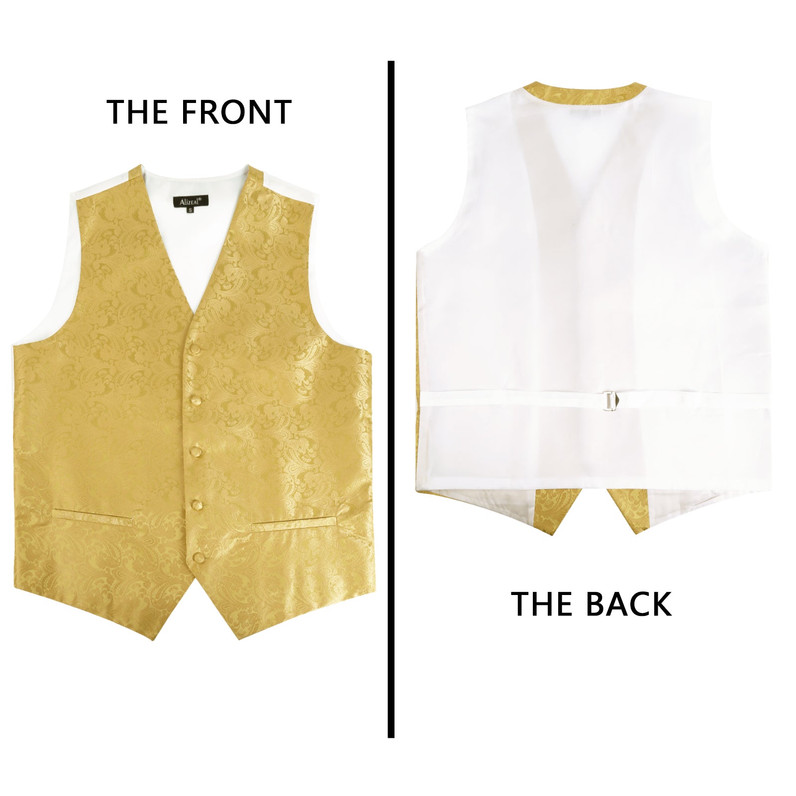 Men's Paisley Suit Vest, Self-tied Bow Tie, 3.35inch(8.5cm) Necktie and Pocket Square Set, 175-Golden Olive