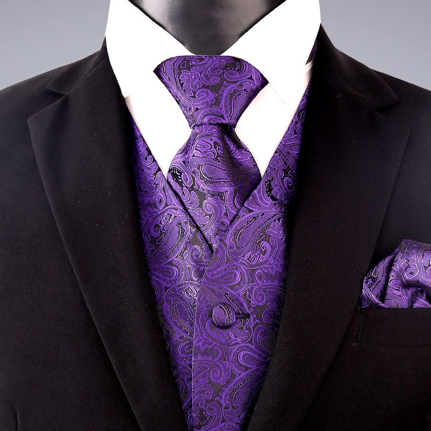 Men's Paisley Suit Vest, Self-tied Bow Tie, 3.35inch(8.5cm) Necktie and Pocket Square Set, 175-Dark Purple