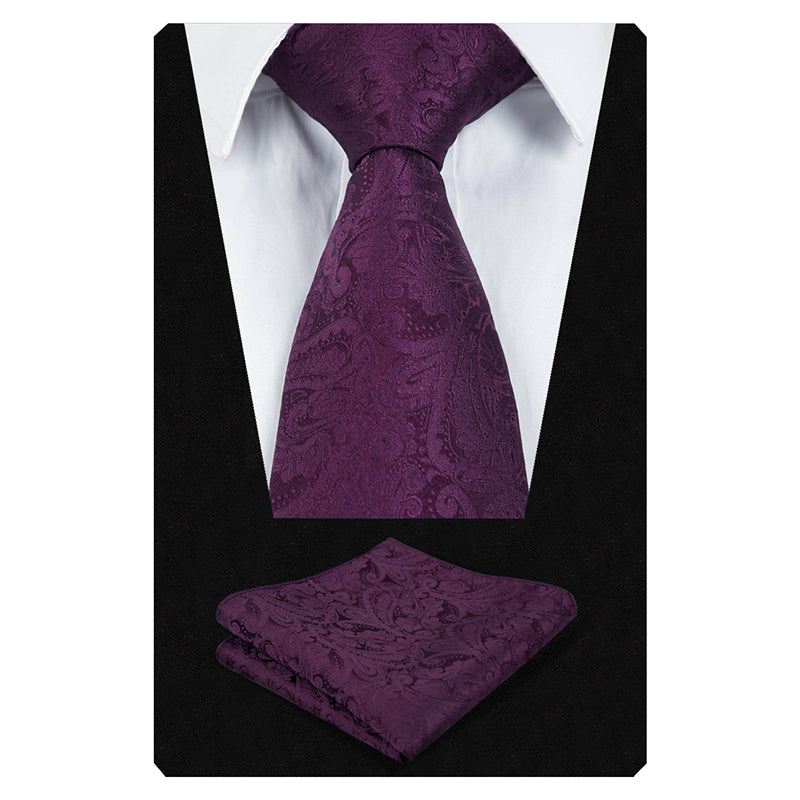 Men's Paisley Suit Vest, Self-tied Bow Tie, 3.35inch(8.5cm) Necktie and Pocket Square Set, 175-Plum Purple