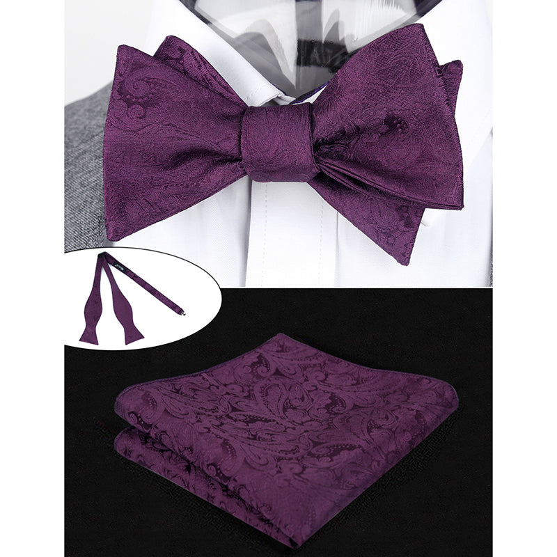 Men's Paisley Suit Vest, Self-tied Bow Tie, 3.35inch(8.5cm) Necktie and Pocket Square Set, 175-Plum Purple