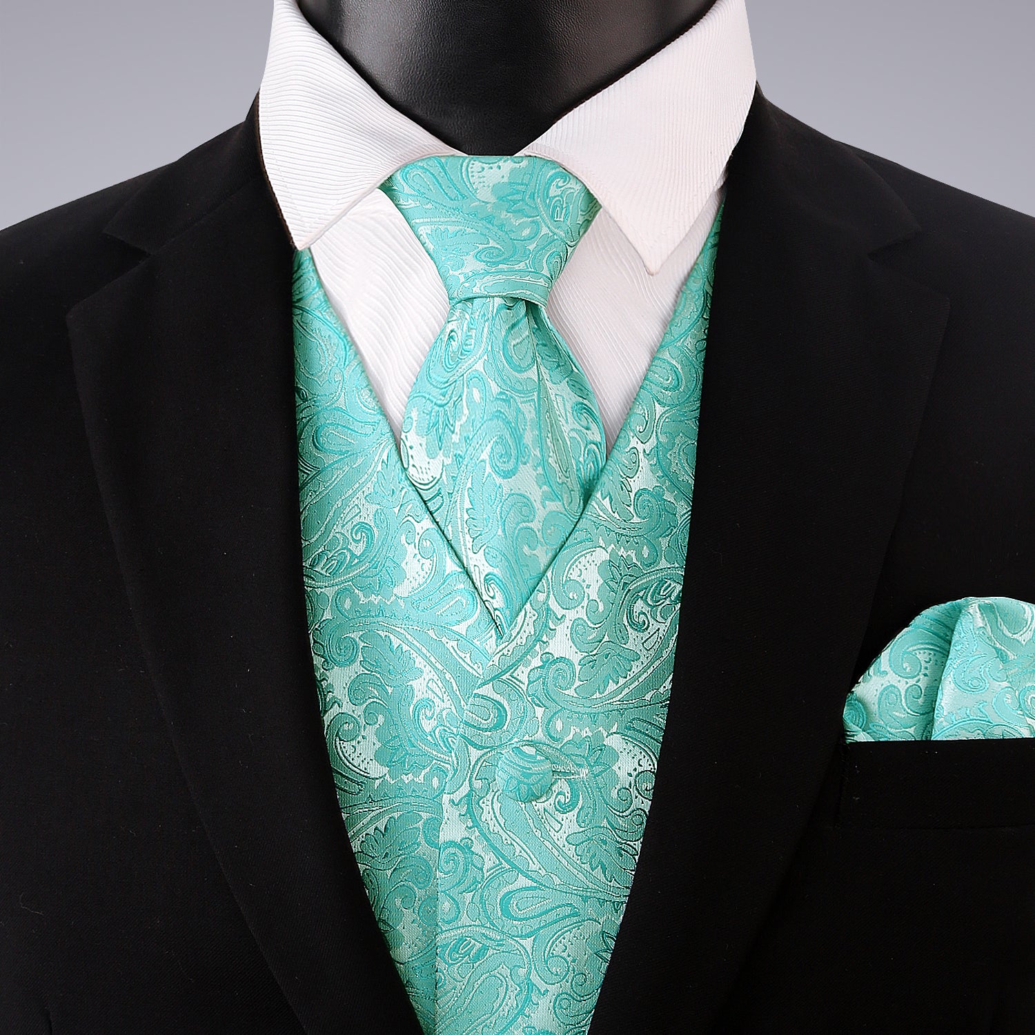 Men's Paisley Suit Vest, Self-tied Bow Tie, 3.35inch(8.5cm) Necktie and Pocket Square Set, 175-Turquoise