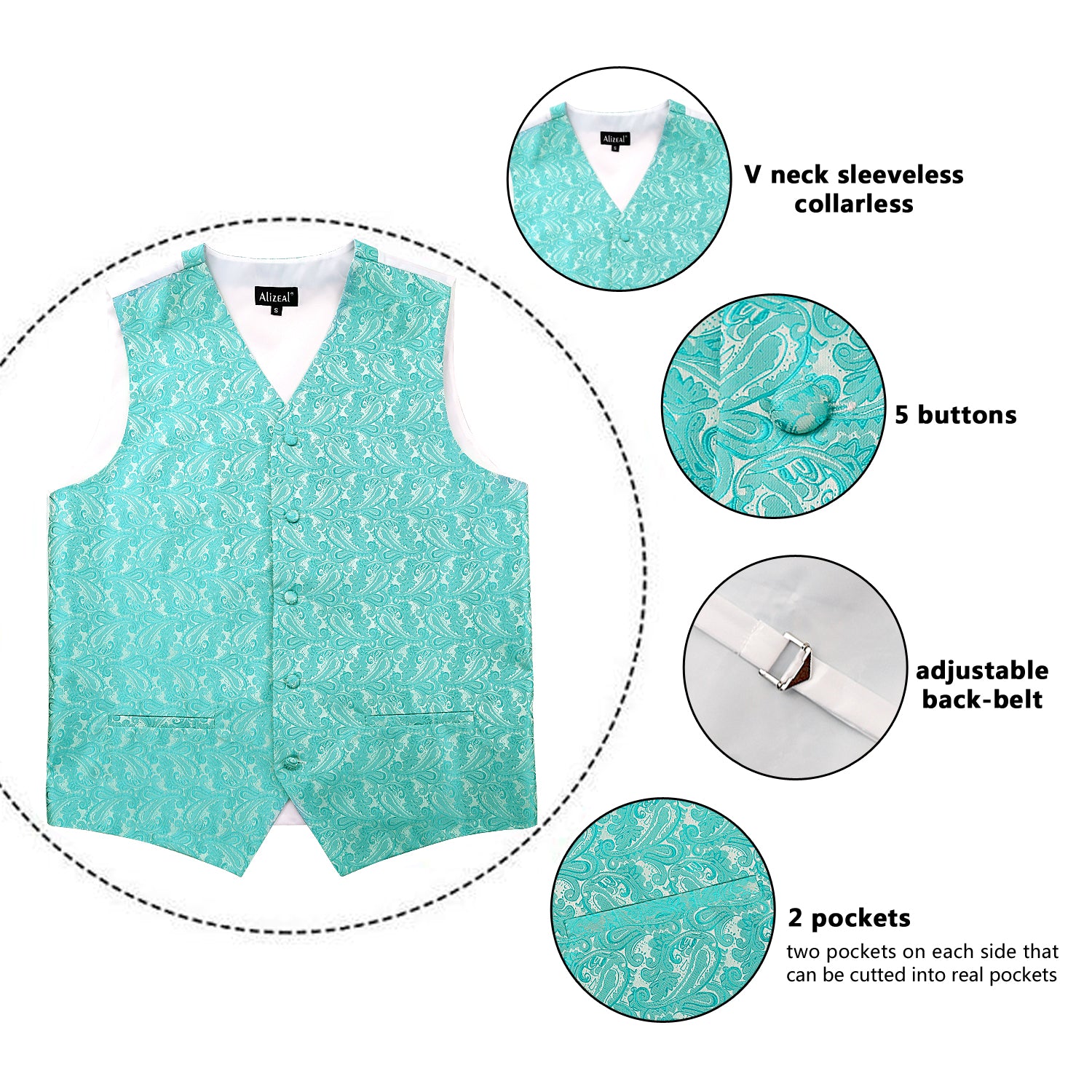 Men's Paisley Suit Vest, Self-tied Bow Tie, 3.35inch(8.5cm) Necktie and Pocket Square Set, 175-Turquoise