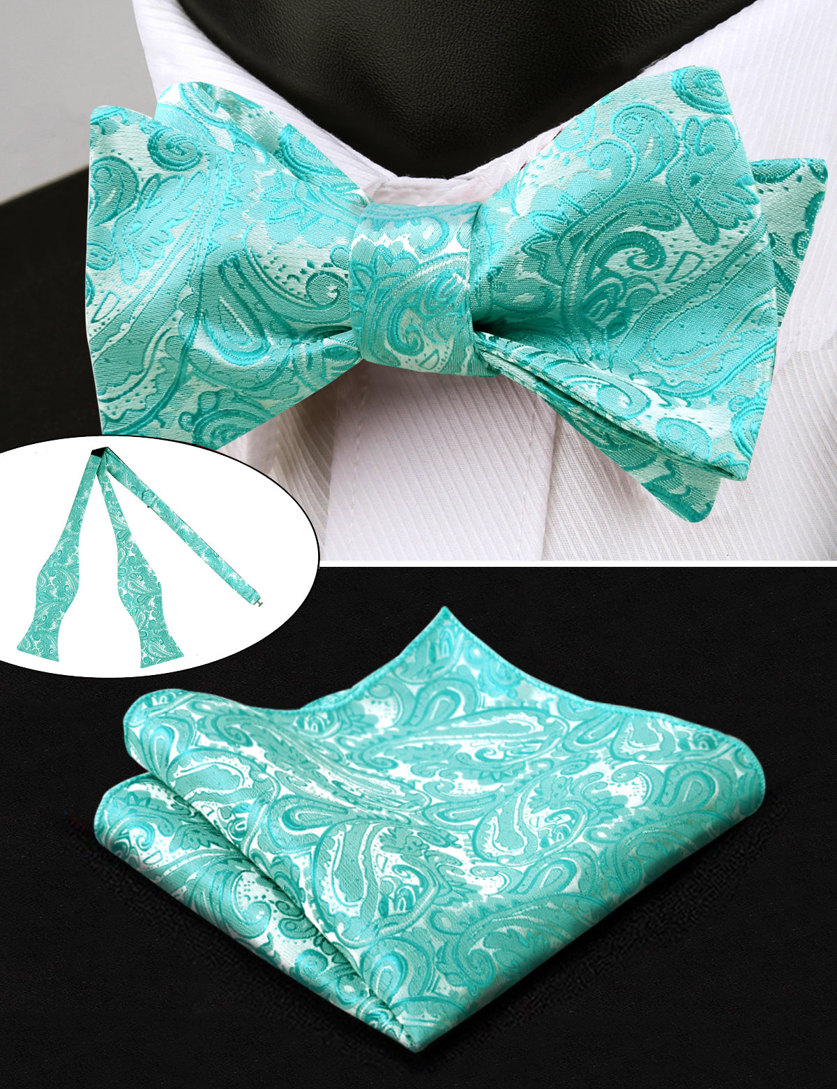 Men's Paisley Suit Vest, Self-tied Bow Tie, 3.35inch(8.5cm) Necktie and Pocket Square Set, 175-Turquoise