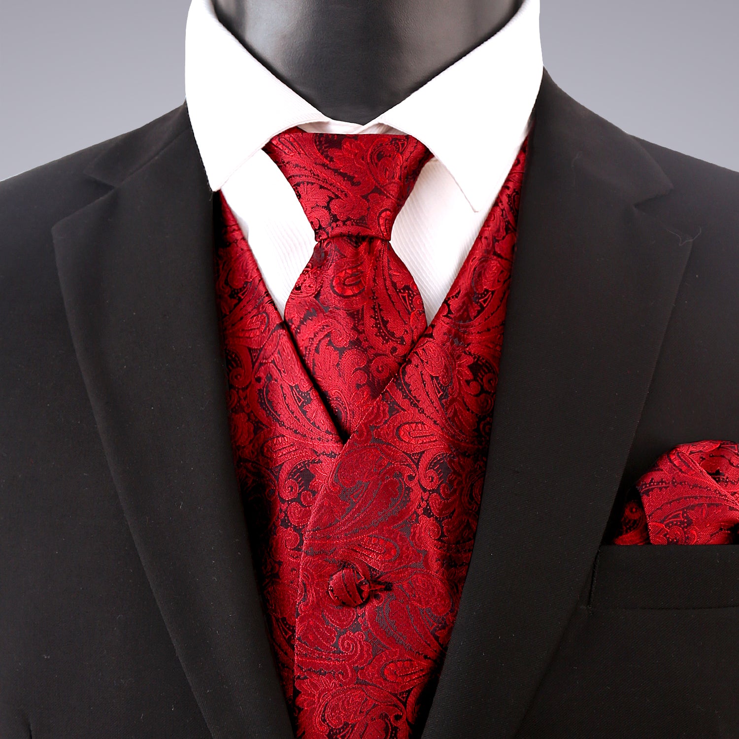 Men's Paisley Suit Vest, Self-tied Bow Tie, 3.35inch(8.5cm) Necktie and Pocket Square Set, 175-Wine Red