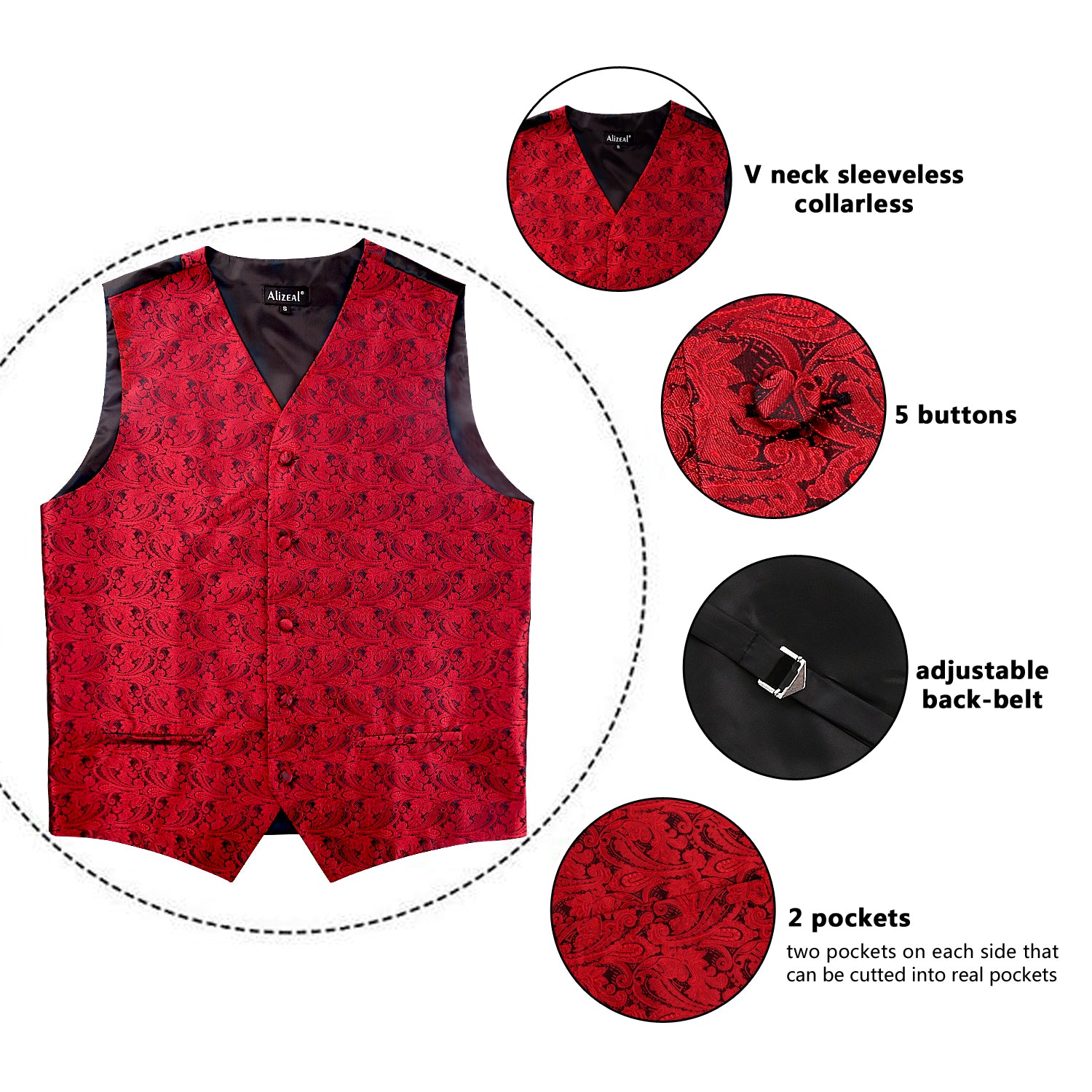 Men's Paisley Suit Vest, Self-tied Bow Tie, 3.35inch(8.5cm) Necktie and Pocket Square Set, 175-Wine Red