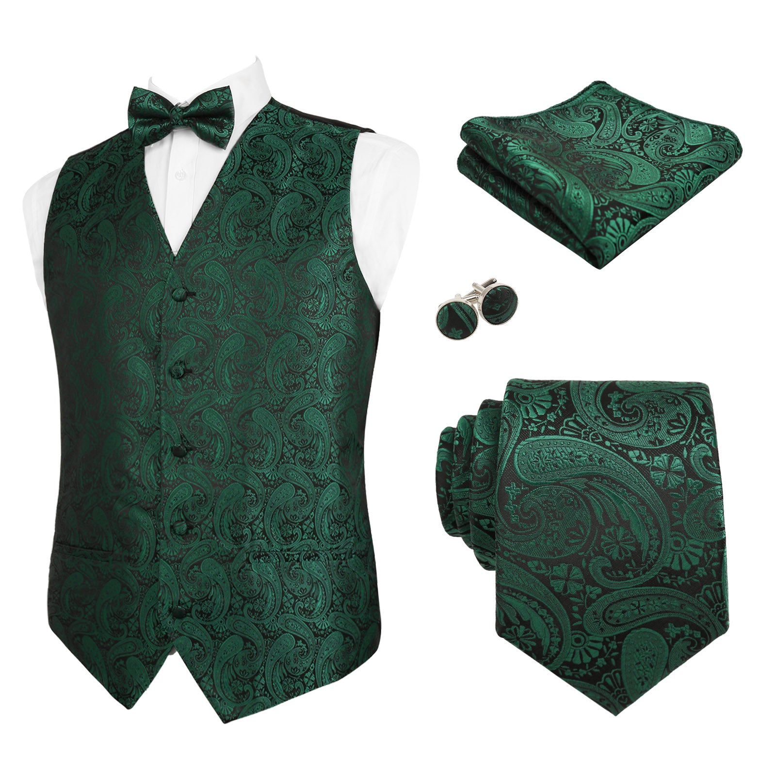 Men's 5pcs Paisley Suit Vest Classic Jacquard Button-Down Waistcoat Set, 185-Dark Green