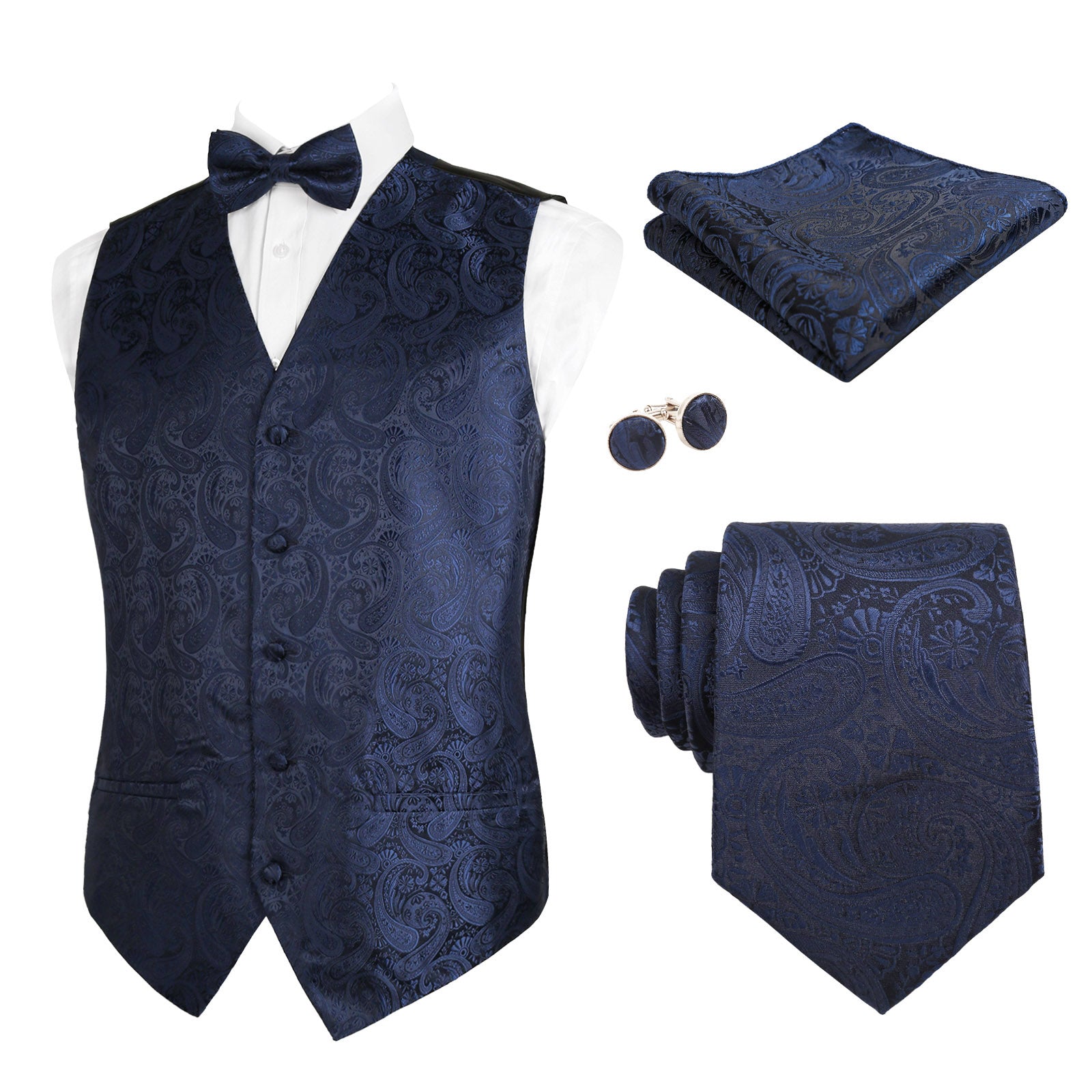 Men's 5pcs Paisley Suit Vest Classic Jacquard Button-Down Waistcoat Set, 185-Dark Navy