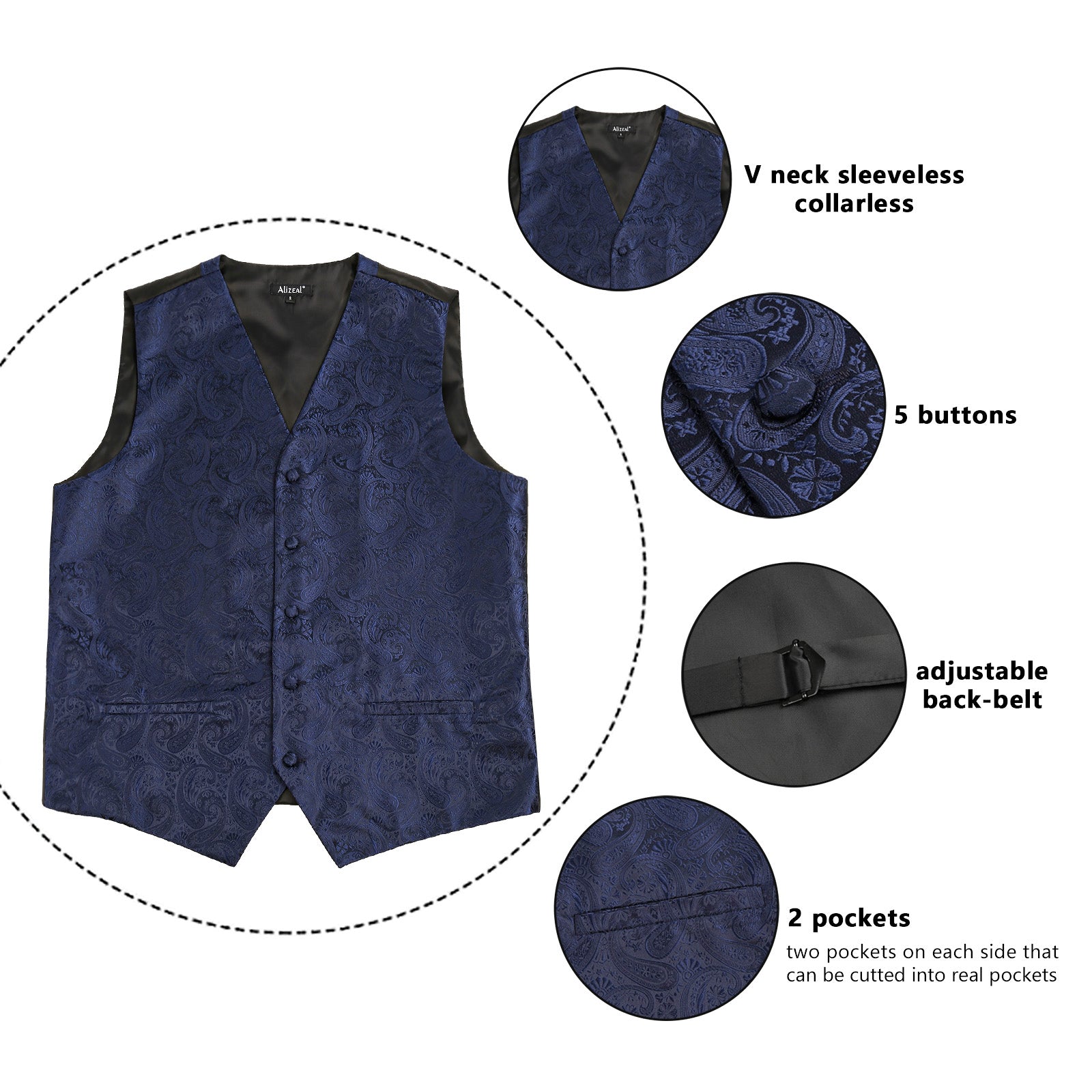 Men's 5pcs Paisley Suit Vest Classic Jacquard Button-Down Waistcoat Set, 185-Dark Navy