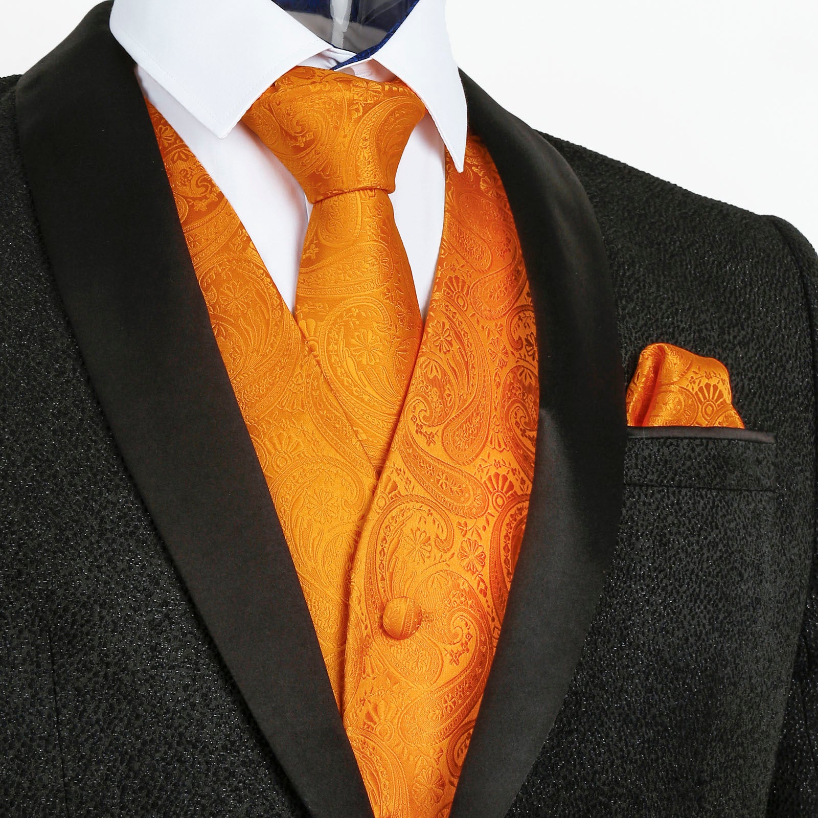 Men's 5pcs Paisley Suit Vest Classic Jacquard Button-Down Waistcoat Set, 185-Orange