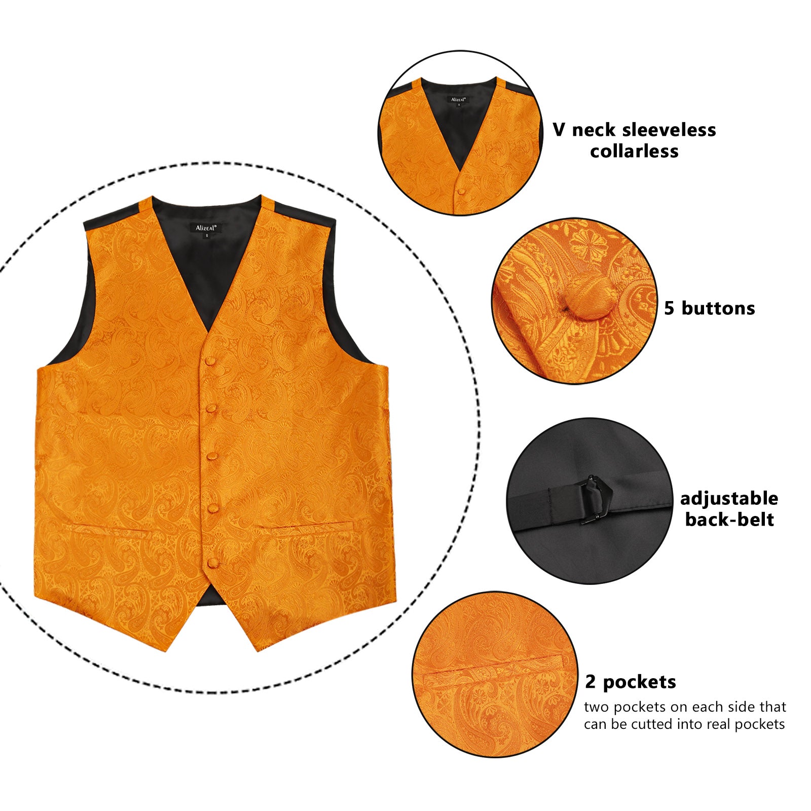 Men's 5pcs Paisley Suit Vest Classic Jacquard Button-Down Waistcoat Set, 185-Orange