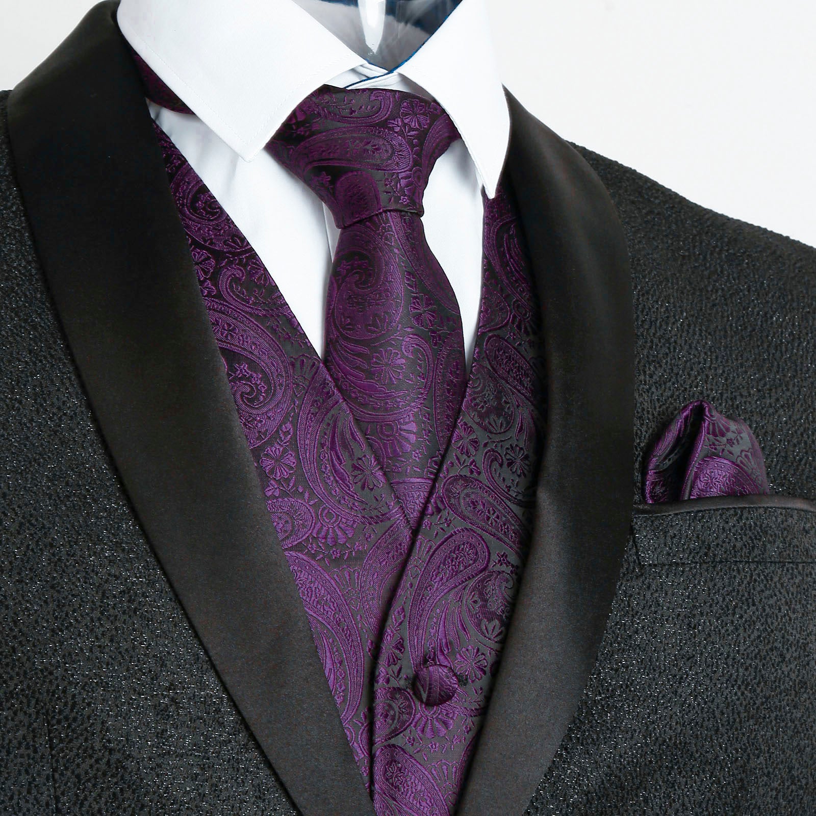 Men's 5pcs Paisley Suit Vest Classic Jacquard Button-Down Waistcoat Set, 185-Plum Purple