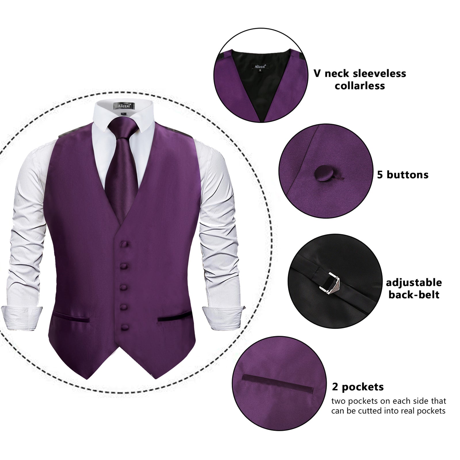 Men's Classic 5 Pcs Solid Color Satin Suit Vest Set, 187-Dark Purple