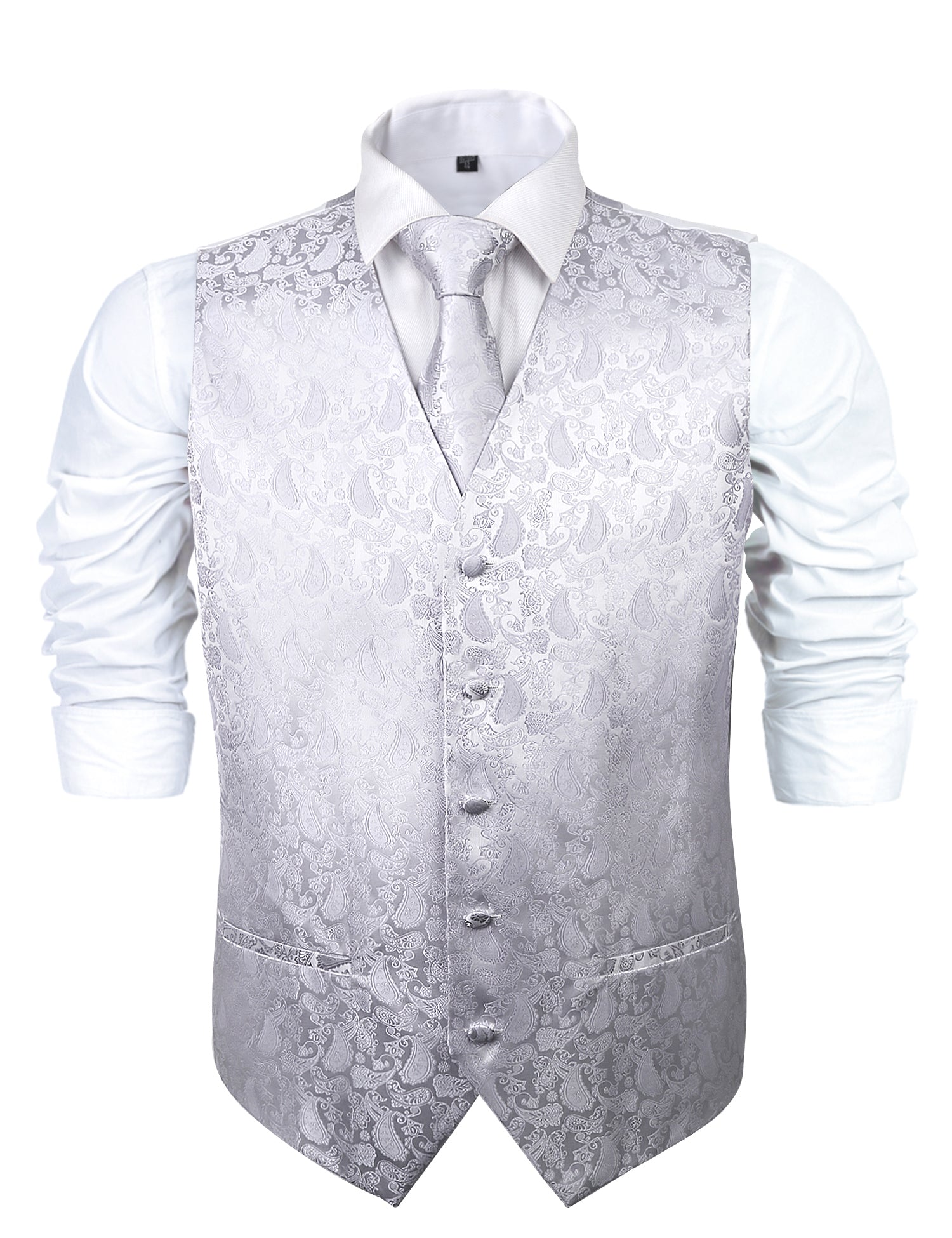 Men's Paisley Jacquard Single Breasted V-Neck Tuxedo Vest, Pre-tied Bow Tie, 9cm Necktie, Cufflinks and Pocket Square Set, 189-Silver