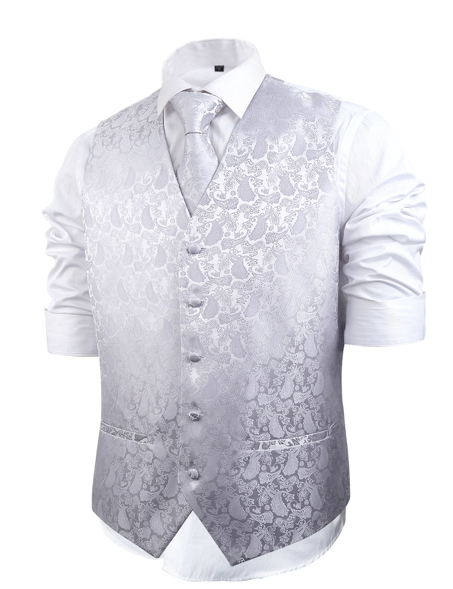 Men's Paisley Jacquard Single Breasted V-Neck Tuxedo Vest, Pre-tied Bow Tie, 9cm Necktie, Cufflinks and Pocket Square Set, 189-Silver