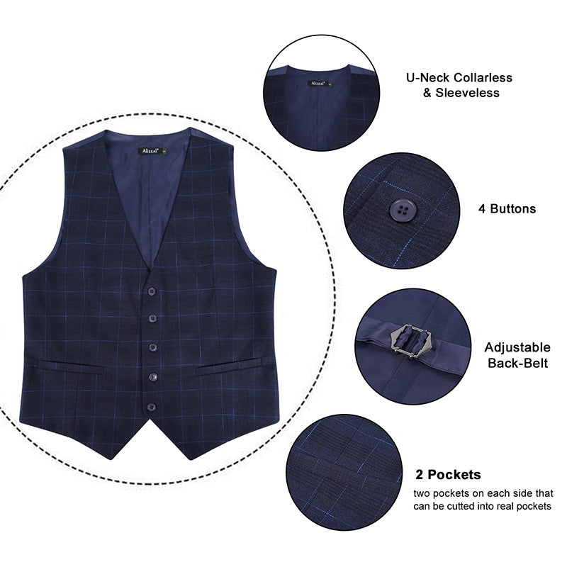 Men's Plaid Business Suit Vest V-Neck Regular Fit Checked Tuxedo Waistcoat, 190-Navy