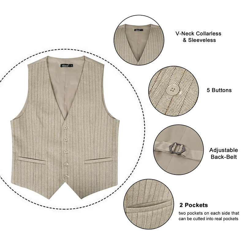 Mens Plaid Tweed Business Suit Vest Regular Fit Tuxedo Waistcoat, 193-Beige