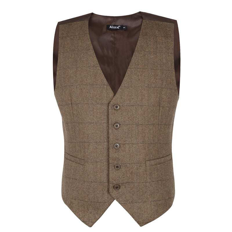 Mens Plaid Tweed Business Suit Vest Regular Fit Tuxedo Waistcoat, 193-Brown