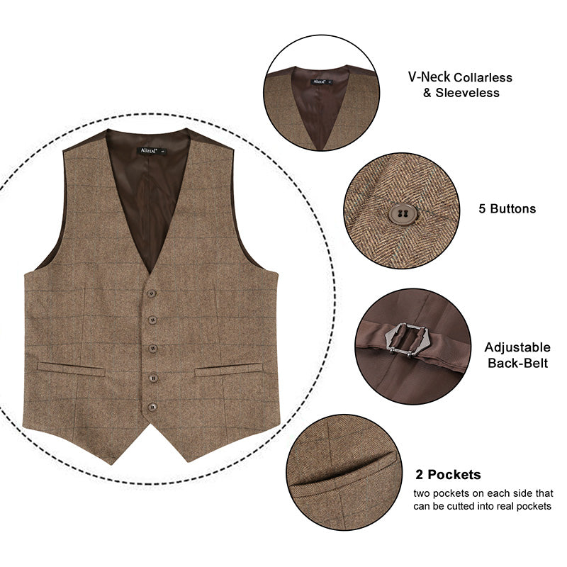 Mens Plaid Tweed Business Suit Vest Regular Fit Tuxedo Waistcoat, 193-Brown