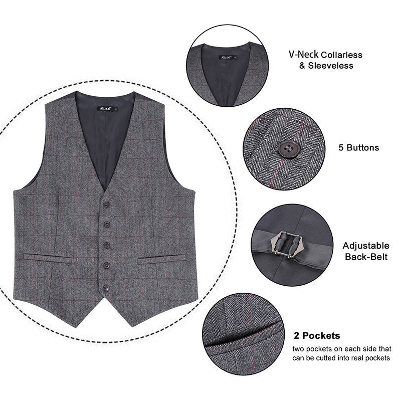 Mens Plaid Tweed Business Suit Vest Regular Fit Tuxedo Waistcoat, 193-Dark Gray