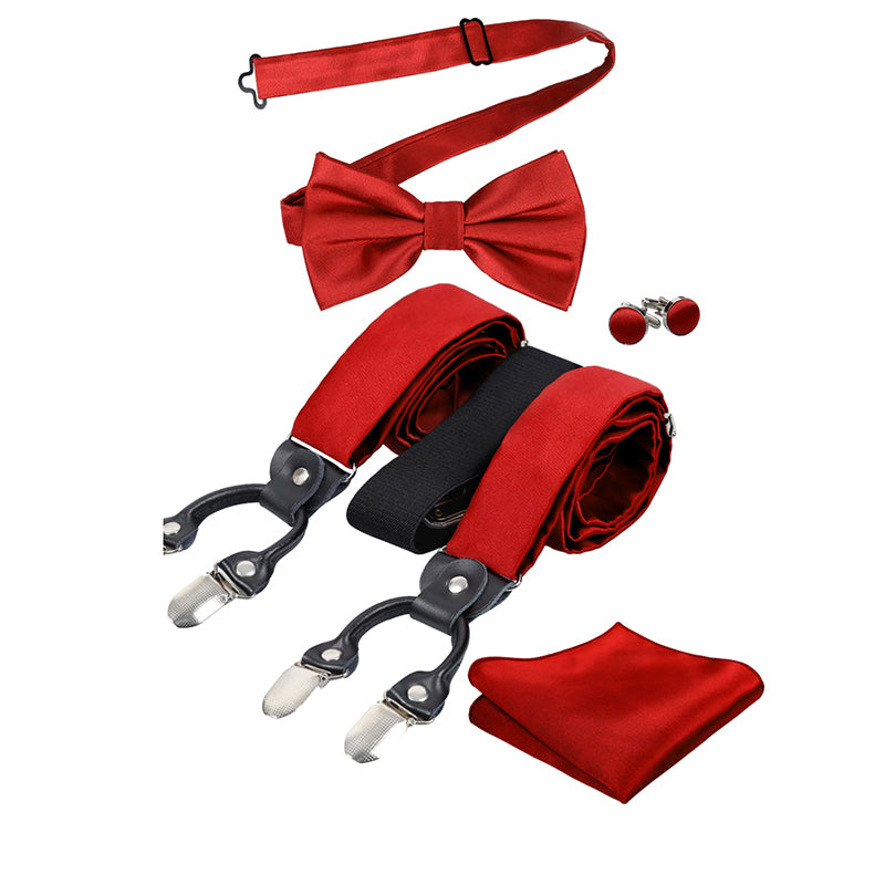 Mens Solid Color 6 Clips Suspender and Bowtie, Hanky, Cufflinks Set, BD072