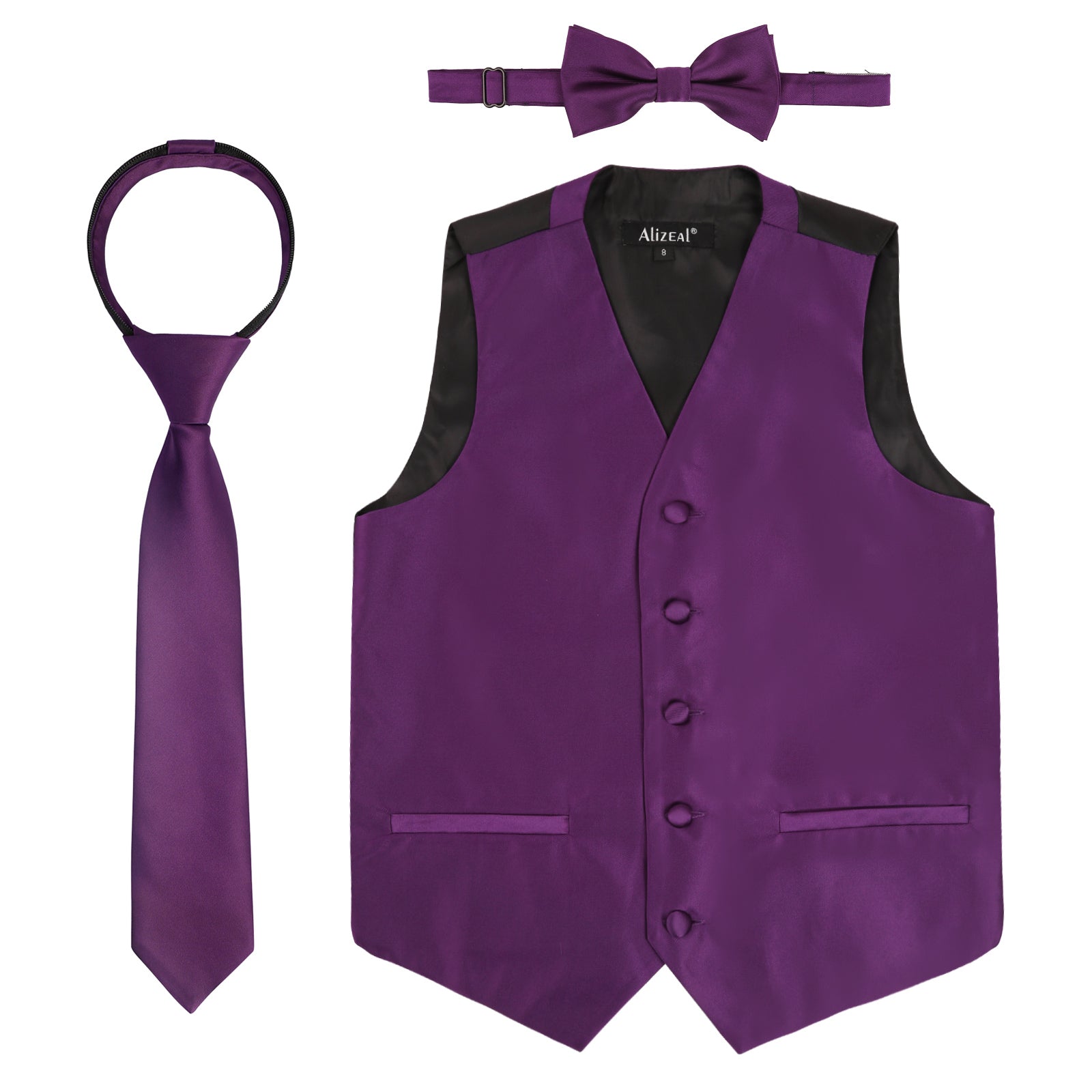 Boy's Classic Solid Bow Tie, Necktie and Suit Vest Set, 078-Dark Purple