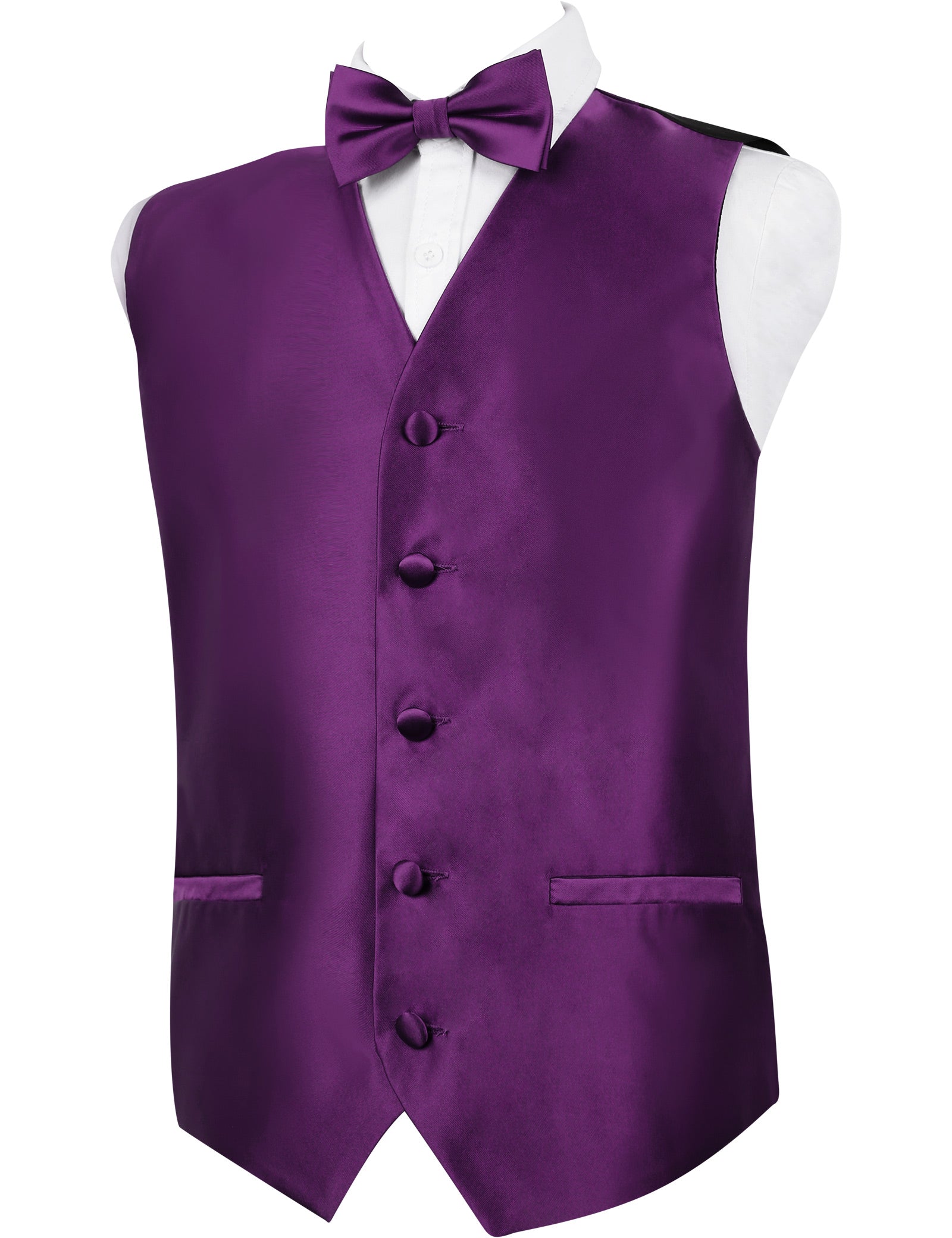 Boy's Classic Solid Bow Tie, Necktie and Suit Vest Set, 078-Dark Purple