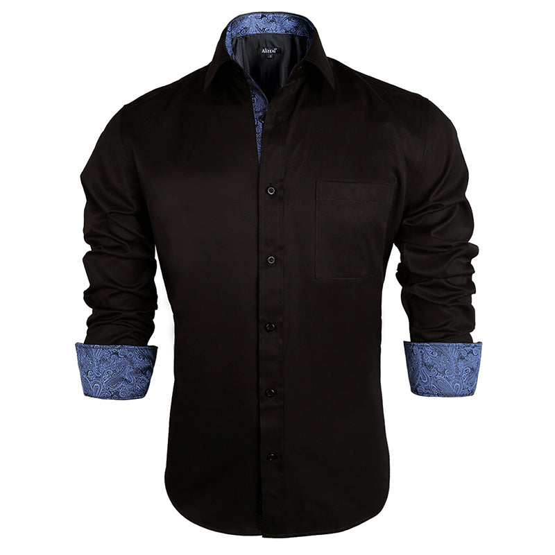 Men's Business Slim Fit Dress Shirt Long Sleeve Patchwork Button-Down Shirt, 004-Black+Navy