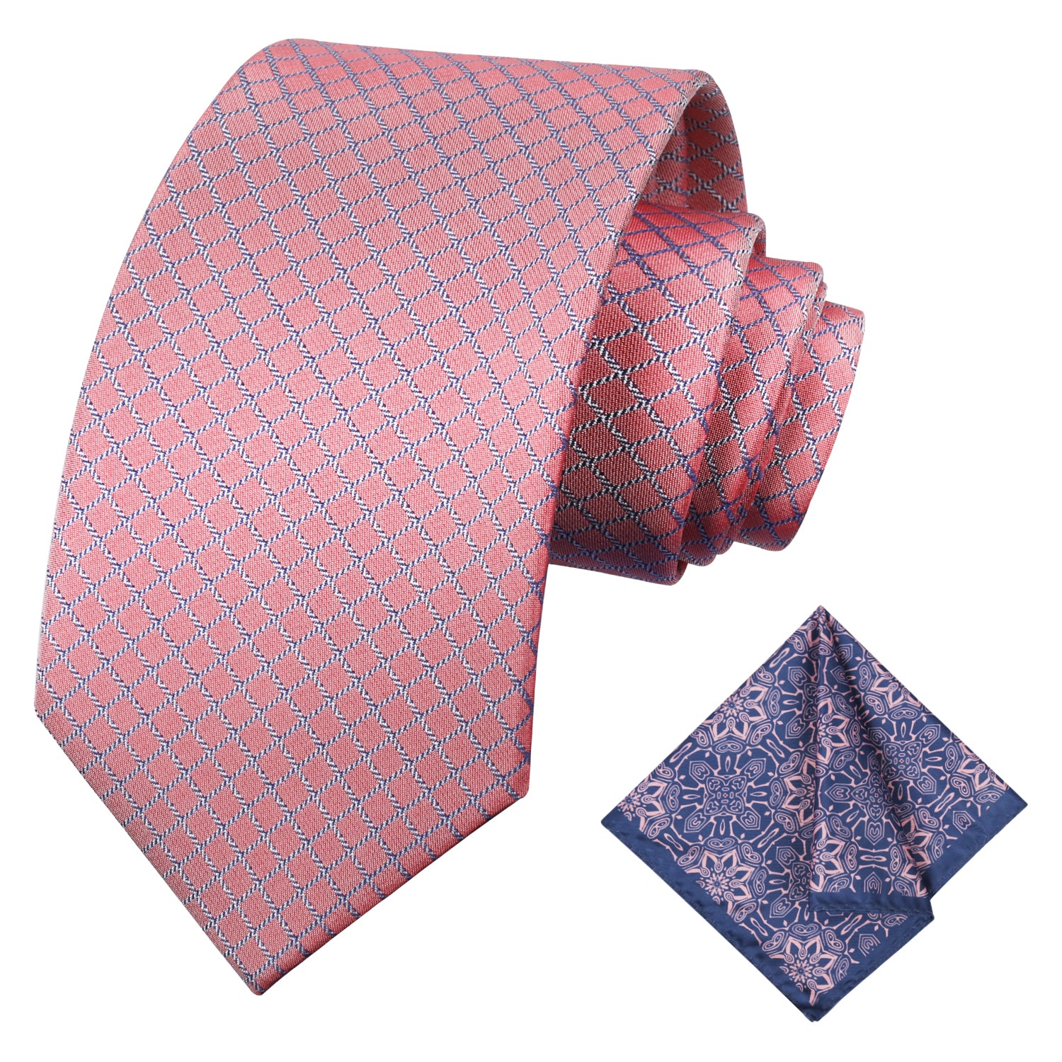 Men's Checkered Tie 3.15inch Necktie and Printed Floral Handkerchief Set, 122