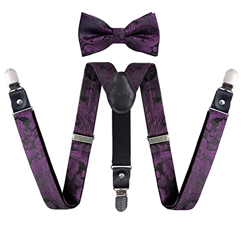 Boy's Adjustable Floral Paisley Pre-tied Bow Tie and Elastic Y Shape 3 Clips Suspenders Set, BD075