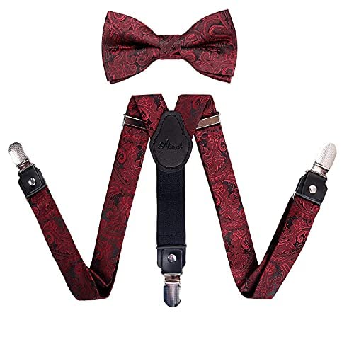 Boy's Adjustable Floral Paisley Pre-tied Bow Tie and Elastic Y Shape 3 Clips Suspenders Set, BD075