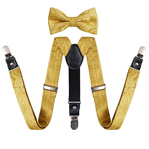 Boy's Adjustable Floral Paisley Pre-tied Bow Tie and Elastic Y Shape 3 Clips Suspenders Set, BD075