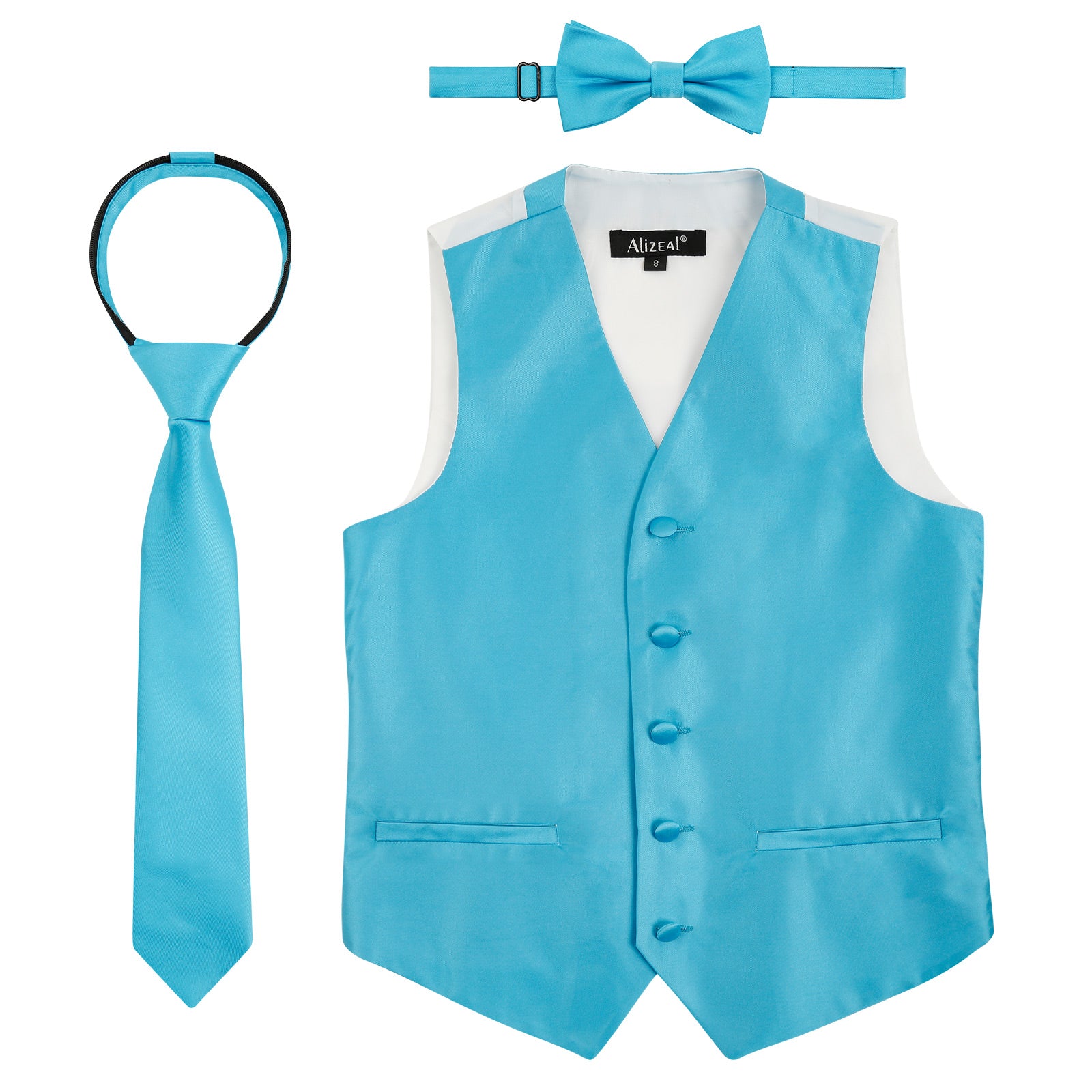 Boy's Classic Solid Bow Tie, Necktie and Suit Vest Set, 078-Turquoise